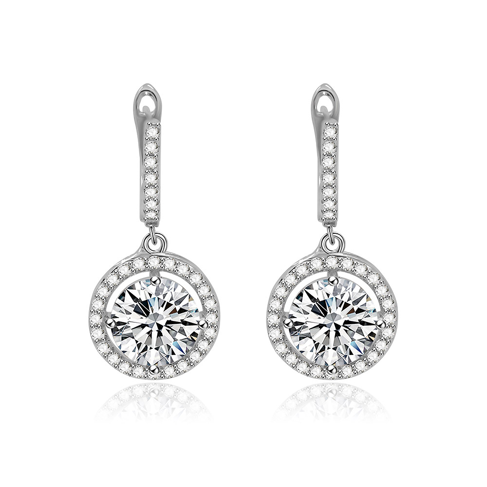 Clear CZ Halo Round Drop Earrings